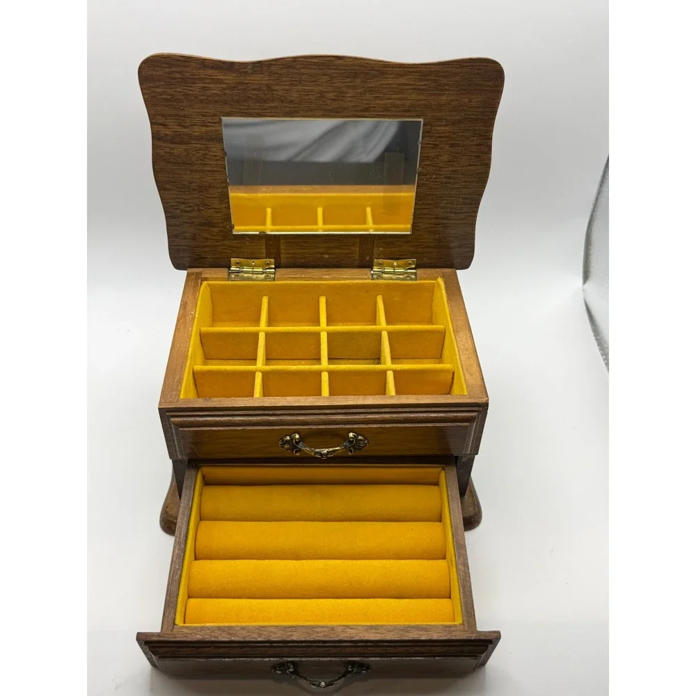 Centurion Vintage Wooden Jewelry‎ Box Mirror Mustard Yellow Velvet Ring Drawer